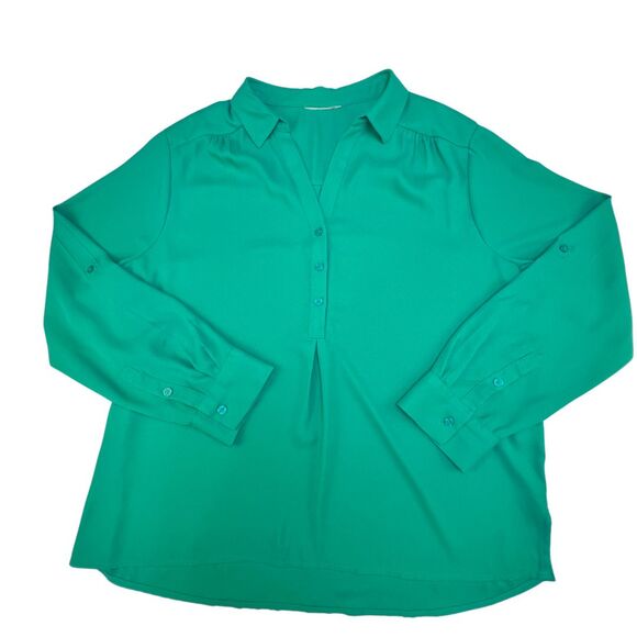Womens Top XL Emerald Green V Neck Button Down Roll Tab Long Sleeve Blouse - Picture 5 of 9
